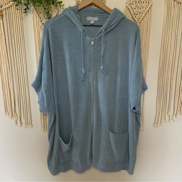BAREFOOT DREAMS Cozy Chic Ultra Lite Full Zip Short Sleeve Hoodie Blue Size 1X - Picture 1 of 10